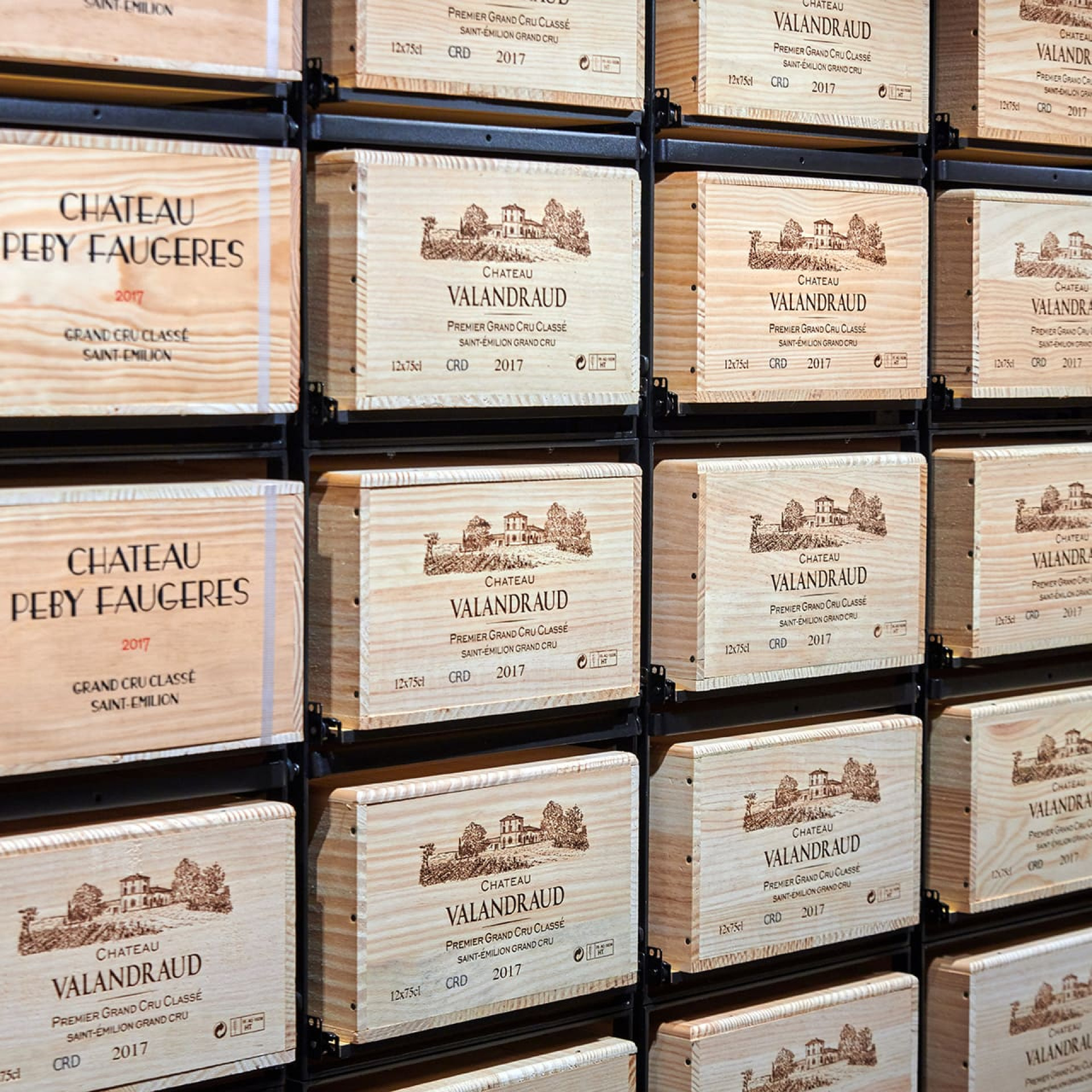 Wine wall created with sliding wine racks for easy access to your wine cases