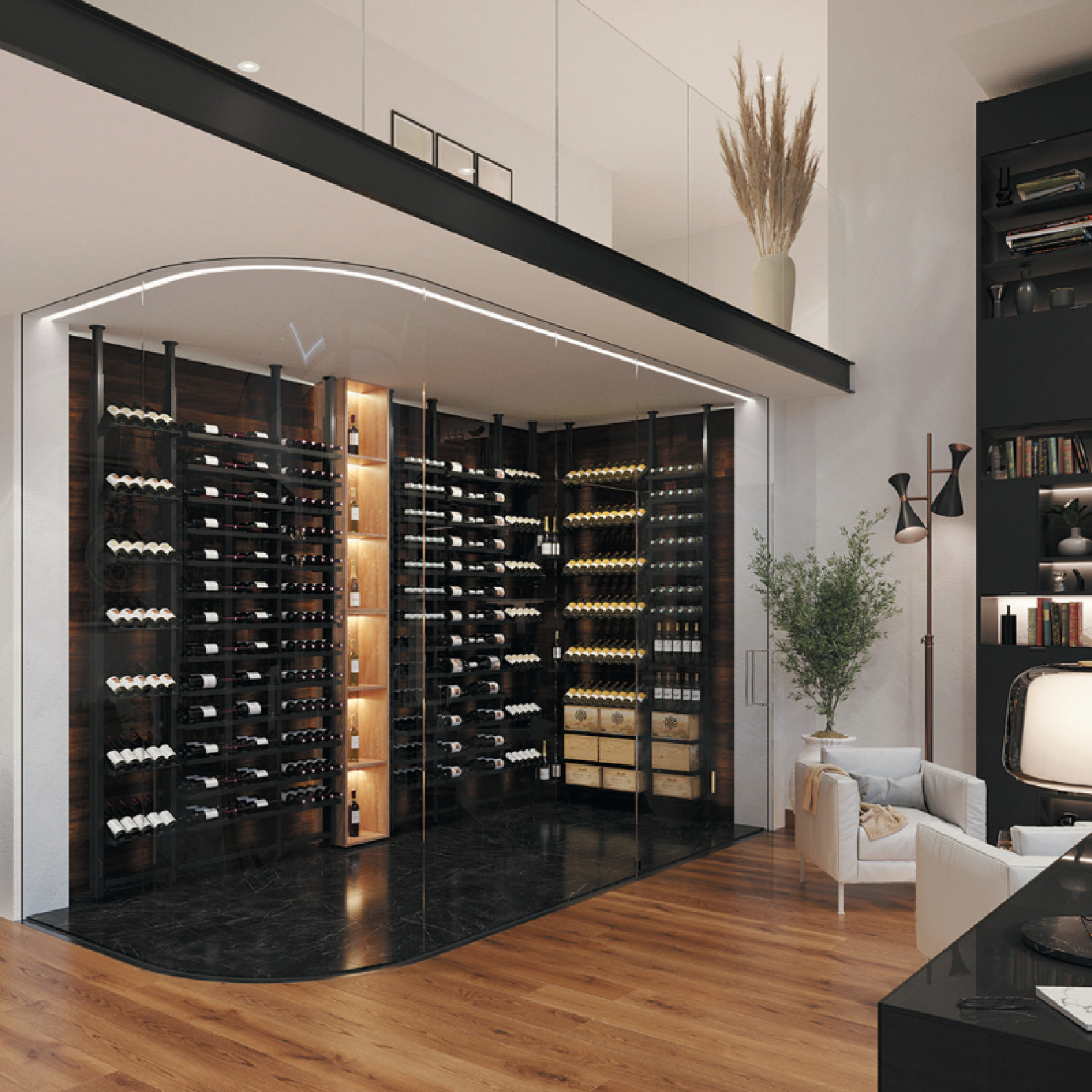 Completely glazed wine area created in a living room