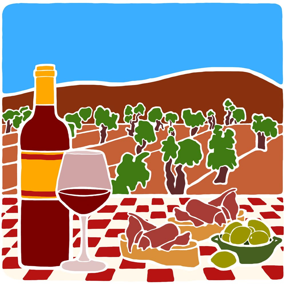 Illustration von Blandine Lamy - Tapas im Baskenland mit Blick auf die Weinreben Illustration von Blandine Lamy - Tapas im Baskenland mit Blick auf die Weinreben