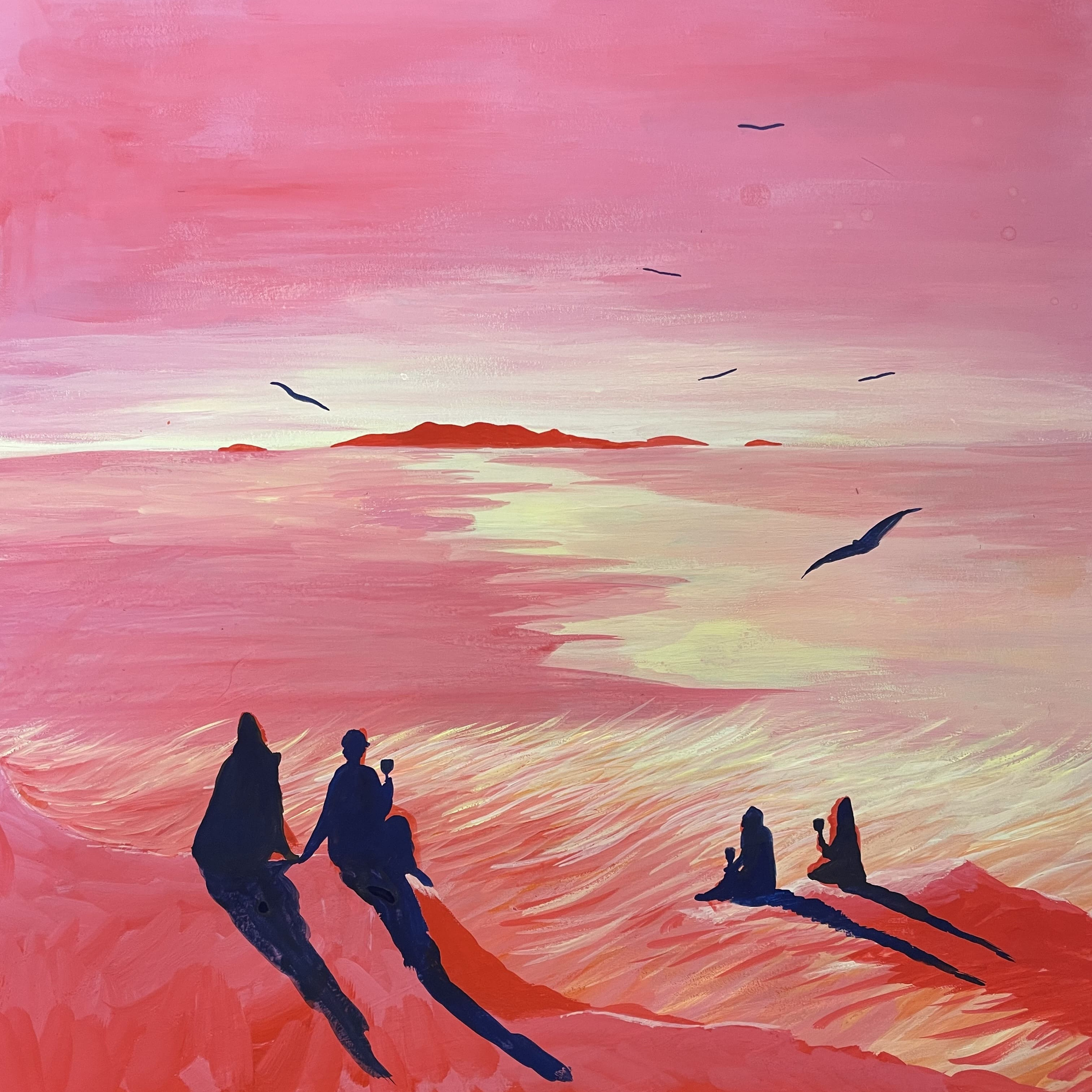 Illustration Lili Wood - Personnages assis sur une plage de Bretagne au couché de soleil. - Article Mes dix vins libres comme l’air  par Catherine Bourdon (Le Petit Hôtel du Grand Large*, Bretagne)