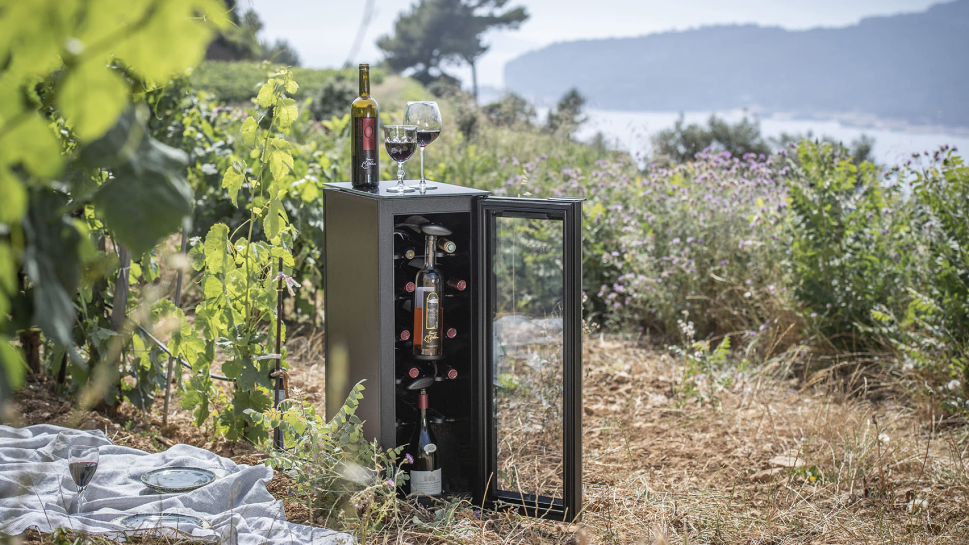 Pleasure to taste a glass of wine at the right temperature during a lunch on the grass. - EuroCave Tête à Tête wine bar