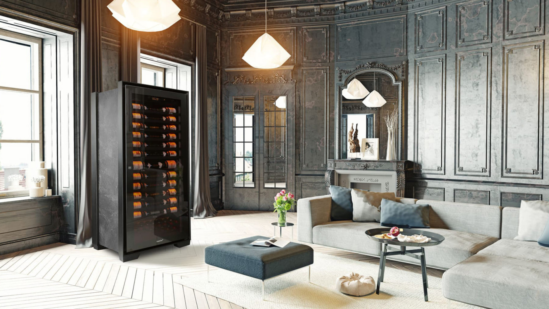 Photo d'une cave à vin haut de gamme dans un salon hausmanien luxueux avec une cheminée ancienne en marbre et parquet en chevron. - Collection Royale EuroCave Photo d'une cave à vin haut de gamme dans un salon hausmanien luxueux avec une cheminée ancienne en marbre et parquet en chevron. - Collection Royale EuroCave
