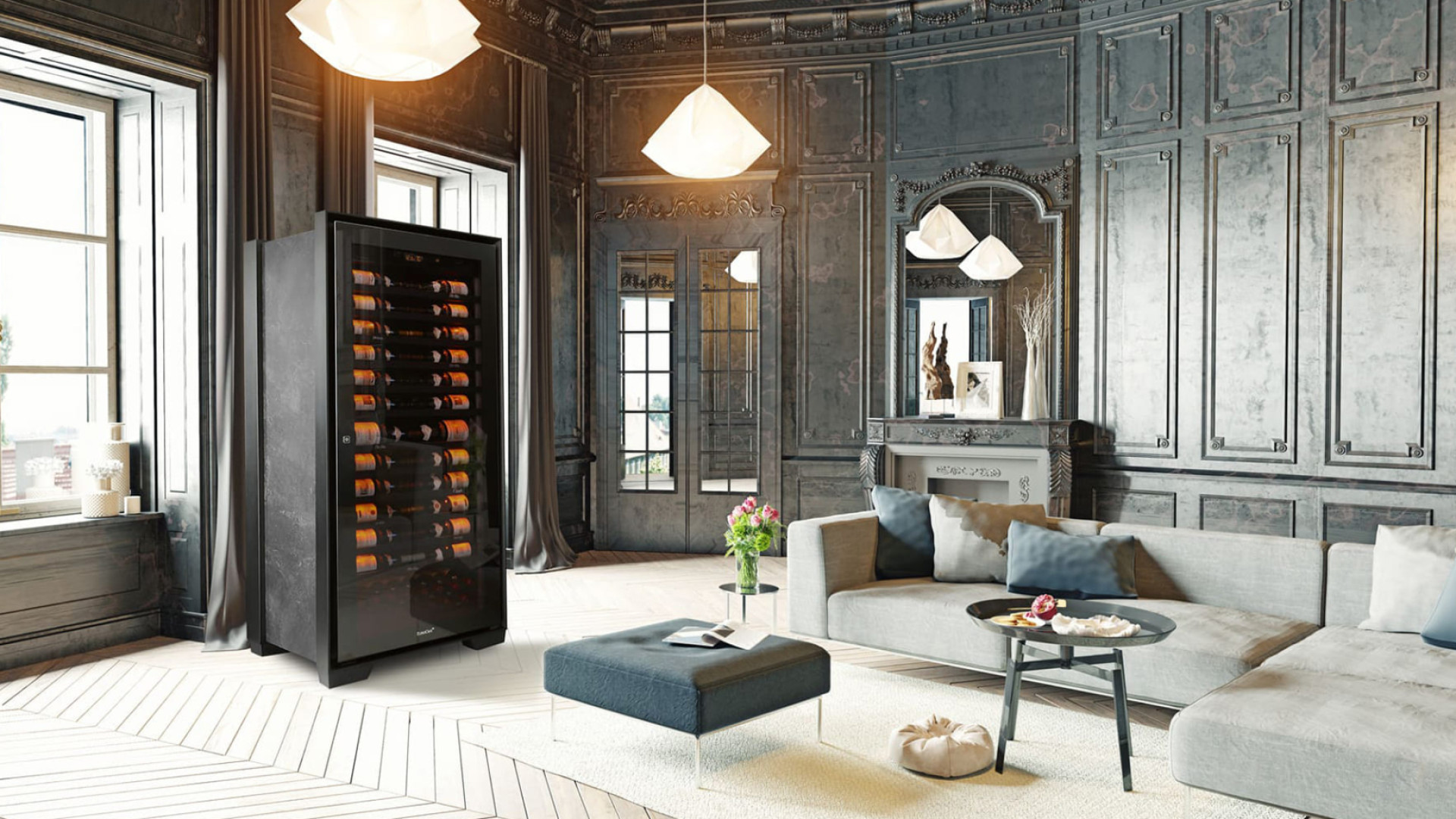 Photo of an upscale wine cabinet in a luxurious Hausmanian living room with an antique marble fireplace and herringbone parquet flooring. - EuroCave Royal Collection