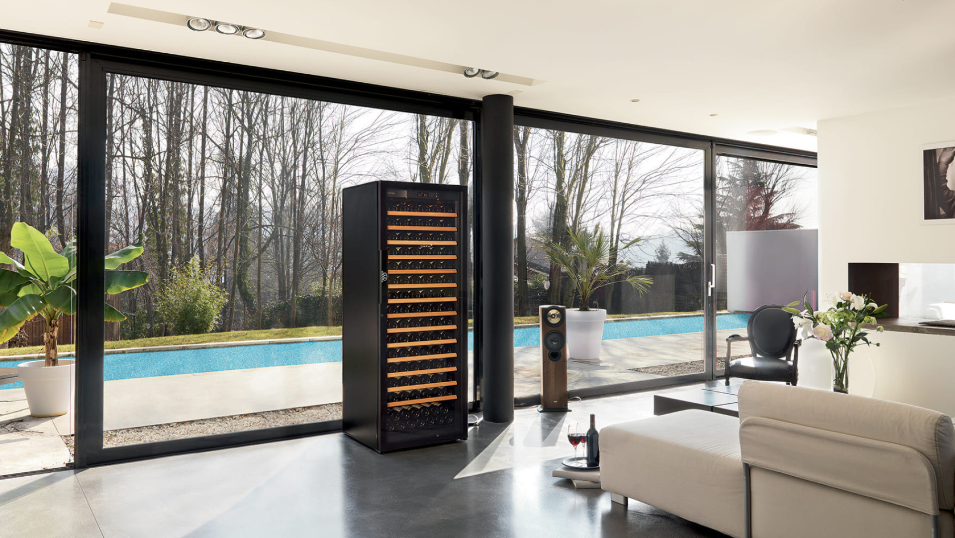 Wine cooler with temperature adjustment to bring wines to temperature, glass door, large bottle capacity