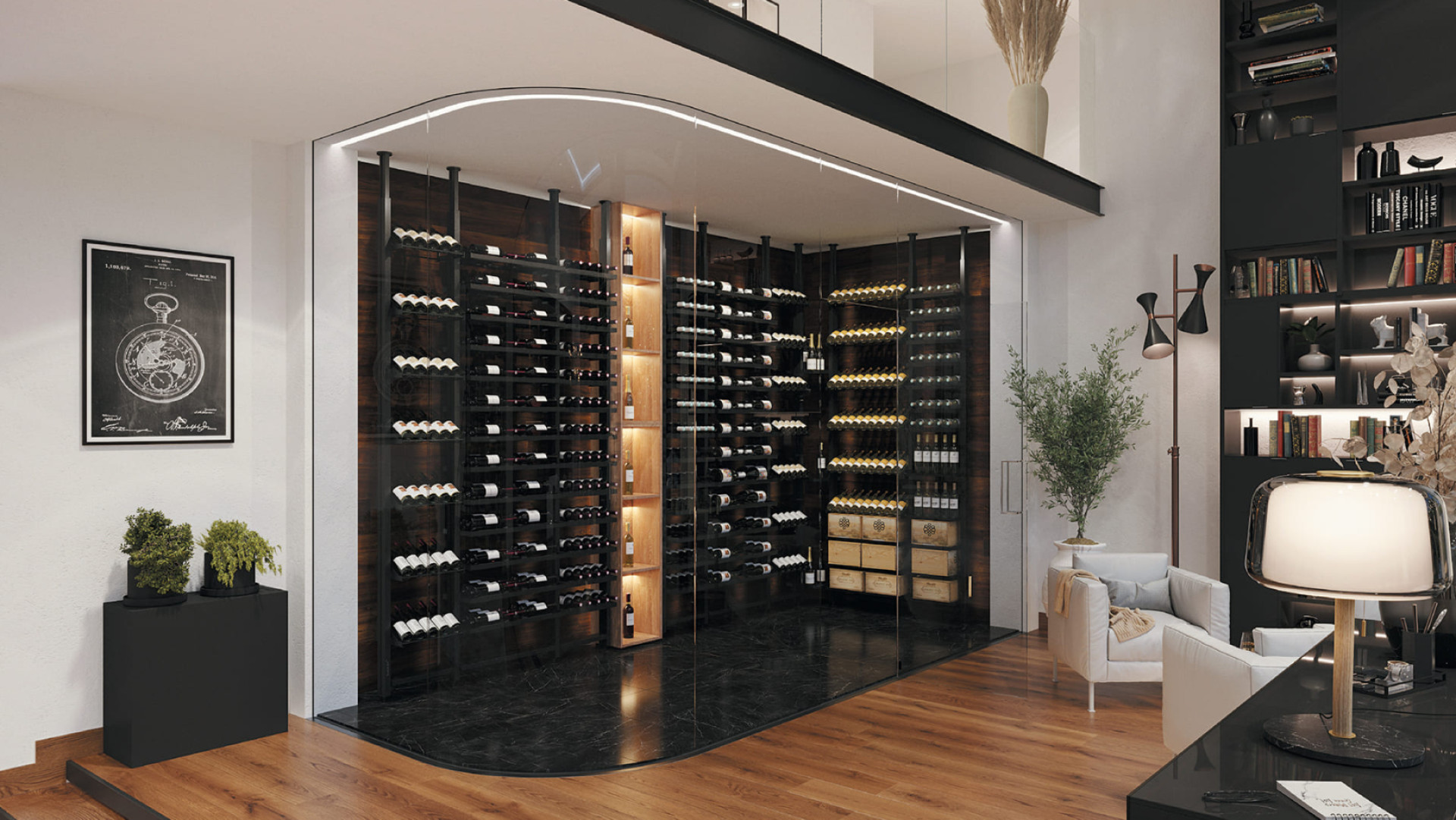 Espace vin climatisé luxueux aménagé dans un salon pour belle mise en valeur vos bouteilles. Rangement vin haute qualité en métal noir pour un style industriel. Espace vin climatisé luxueux aménagé dans un salon pour belle mise en valeur vos bouteilles. Rangement vin haute qualité en métal noir pour un style industriel.
