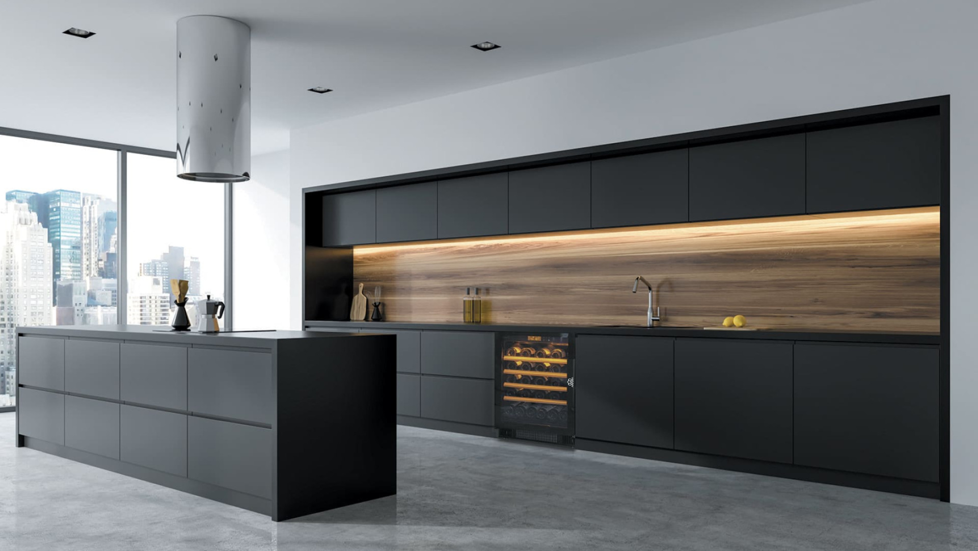 Inneneinrichtung – Weinkhülschrank, eingebaut in eine schwarze Einbauküche. Inneneinrichtung – Weinkhülschrank, eingebaut in eine schwarze Einbauküche.