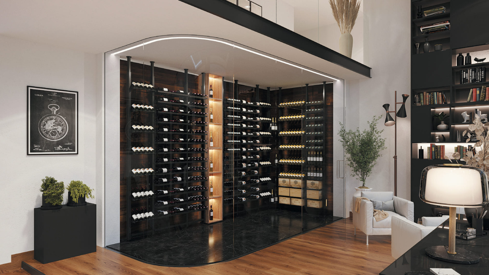 Luxuriöser, klimatisierter Weinraum in einem Wohnzimmer zur Präsentation Ihrer Flaschen. Hochwertige Weinlagerung aus schwarzem Metall für einen industriellen Stil. Luxuriöser, klimatisierter Weinraum in einem Wohnzimmer zur Präsentation Ihrer Flaschen. Hochwertige Weinlagerung aus schwarzem Metall für einen industriellen Stil.