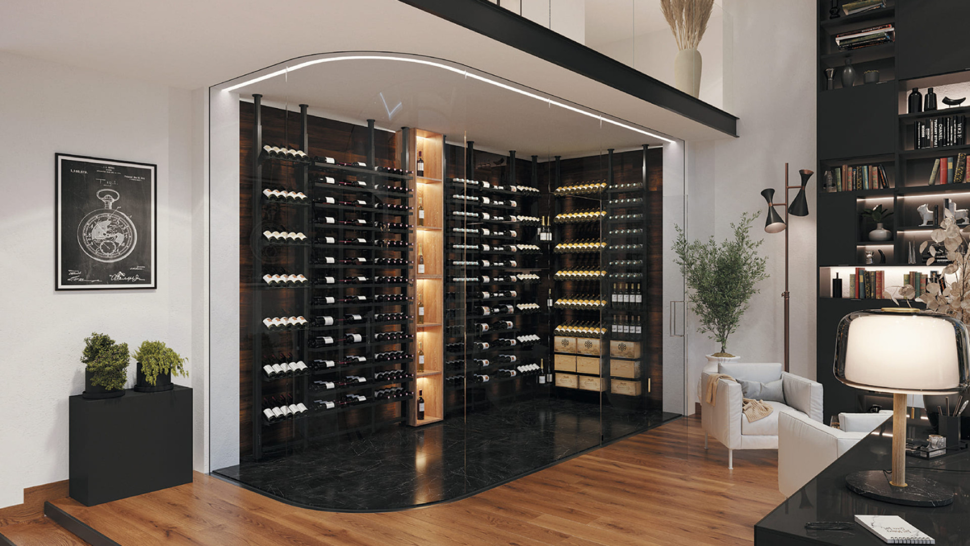 Luxurious air-conditioned wine cellar arranged in a living room to showcase your bottles. High quality wine storage in black metal for an industrial style.