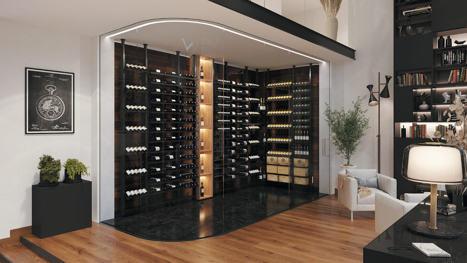 Créez la cave à vin de vos rêves en aménagant un espace vin vitré dans votre salon avec des rangements modernes en métal spécialement étudiés pour le vin.
