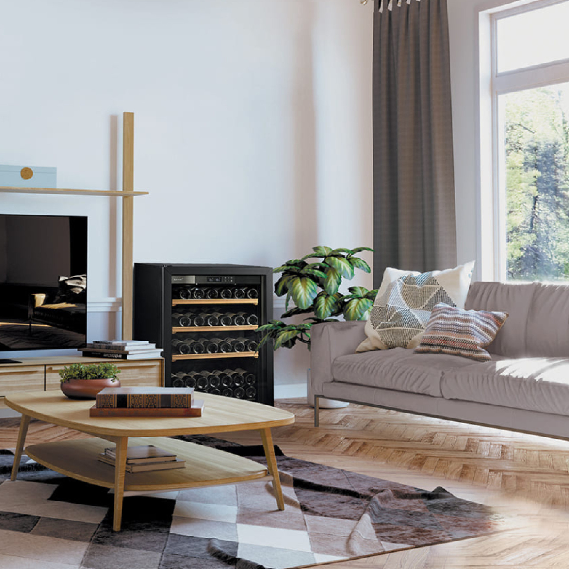 Small wine cooler with glass door and free-standing black frame in a Scandinavian-style living room and chevron parquet - La Première EuroCave