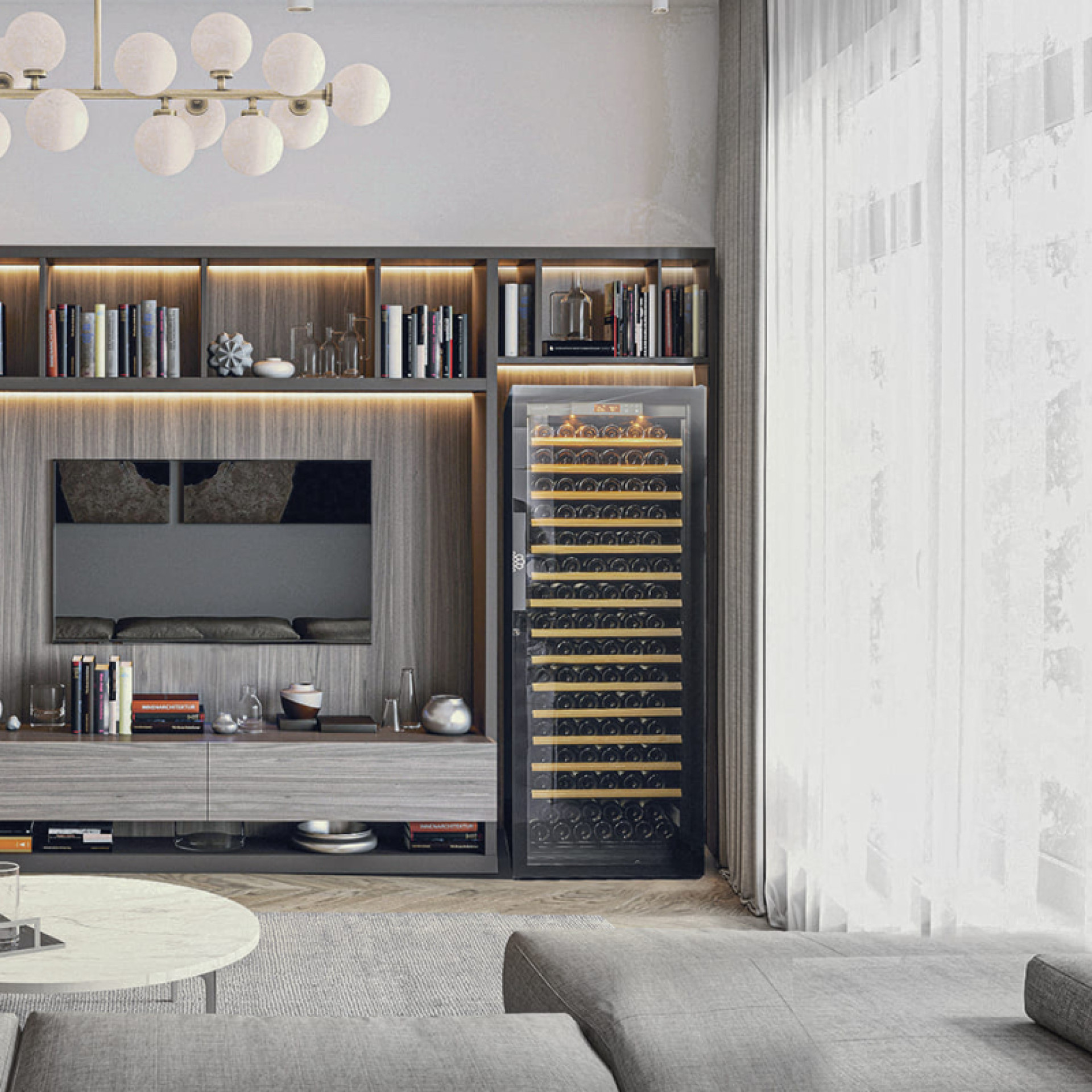 Wine cooler in a bookcase and home cinema cabinet in the wall of a comfortable and contemporary living room. - Pure EuroCave