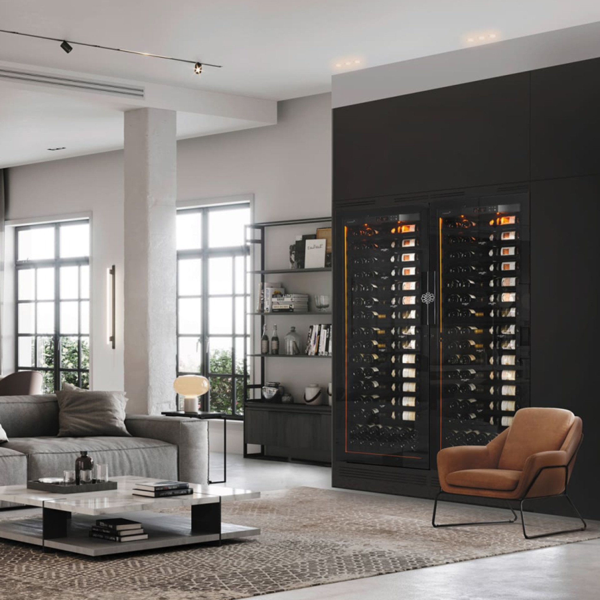 Large twin wine coolers integrated into a custom-made black cabinet in a contemporary living room with fronts of black shelves and integrated mood lighting. - EuroCave Revelation