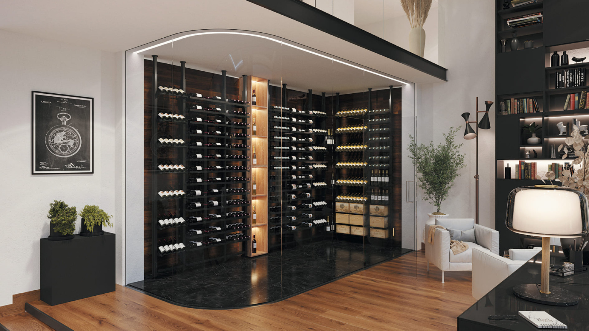 Gestalten Sie den Weinkeller Ihrer Träume, indem Sie in Ihrem Wohnzimmer einen verglasten Weinbereich mit modernen, speziell für Wein konzipierten Metalllagerschränken schaffen.