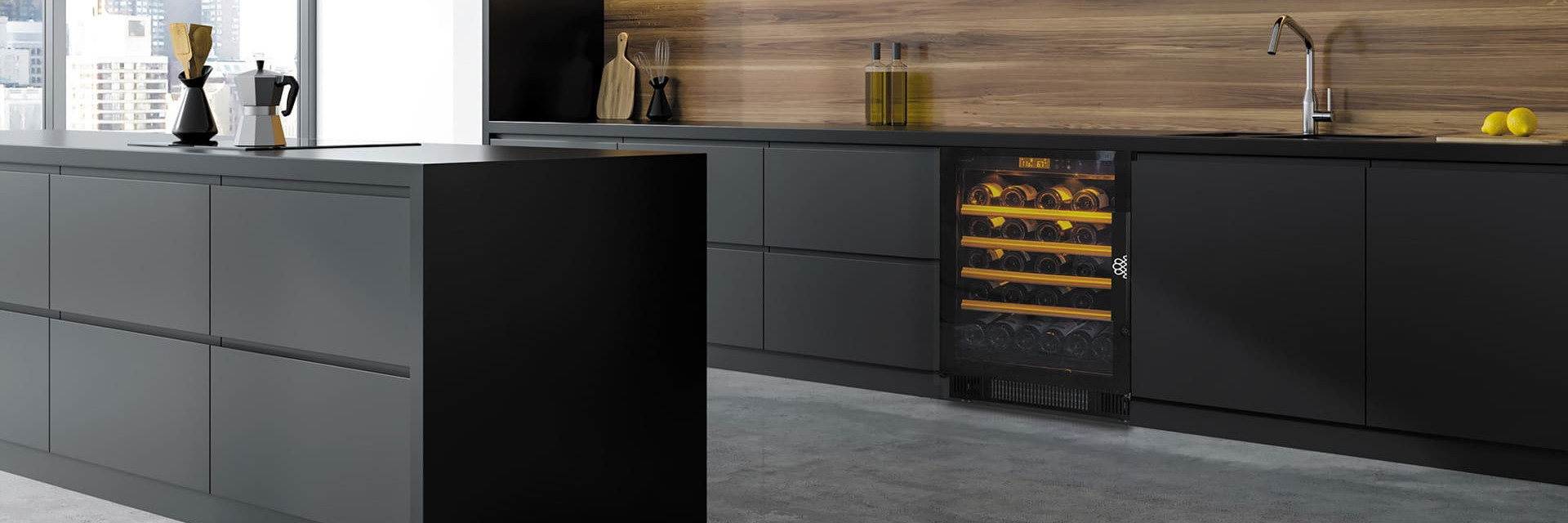 Électroménager en appartement - Petite cave à vin encastrée dans une cuisine contemporaine avec ilôt central, pour avoir son vin toujours à portée de main. Électroménager en appartement - Petite cave à vin encastrée dans une cuisine contemporaine avec ilôt central, pour avoir son vin toujours à portée de main.
