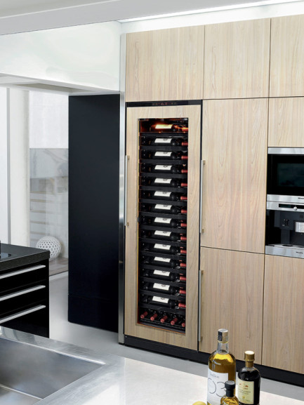 Grande armoire à vin de vieillissement encastrée dans un meuble de cuisine intégrée - Pour un maximum d'esthétique panneau de façade pouvant s'adapter sur la porte technique vitrée. Grande armoire à vin de vieillissement encastrée dans un meuble de cuisine intégrée - Pour un maximum d'esthétique panneau de façade pouvant s'adapter sur la porte technique vitrée.