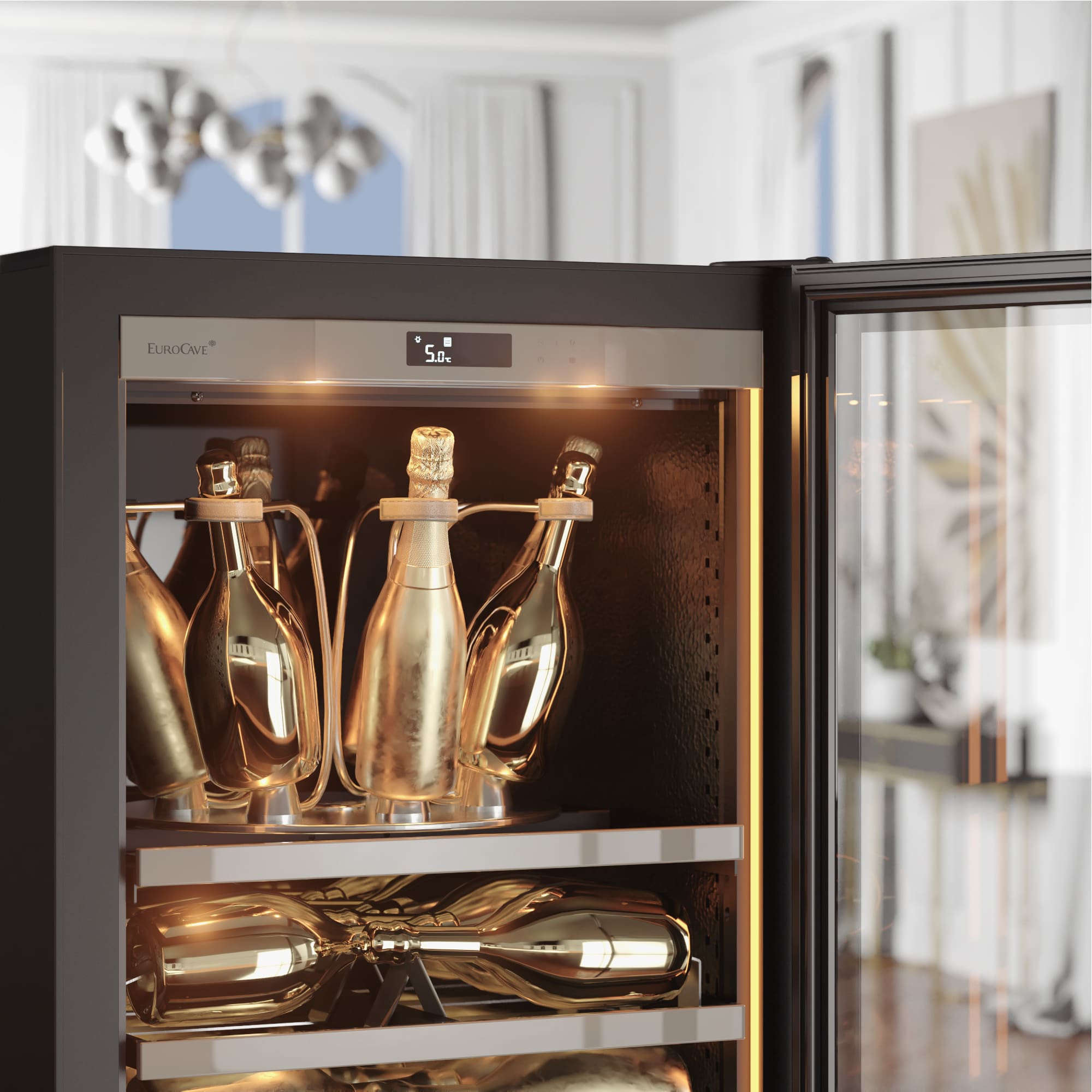 Une étagère de présentation du champagne avec plateau tournant sur le principe de la vasque. - 8 bouteilles ou 5 magnums