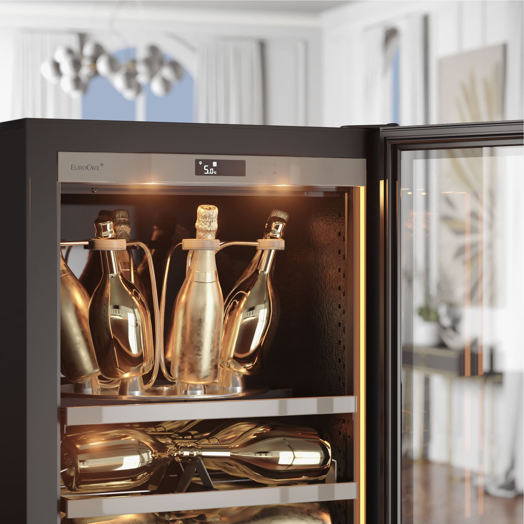 Ein Champagner-Präsentationsregal mit Drehteller nach dem Beckenprinzip. - 8 Flaschen oder 5 Magnumflaschen Ein Champagner-Präsentationsregal mit Drehteller nach dem Beckenprinzip. - 8 Flaschen oder 5 Magnumflaschen