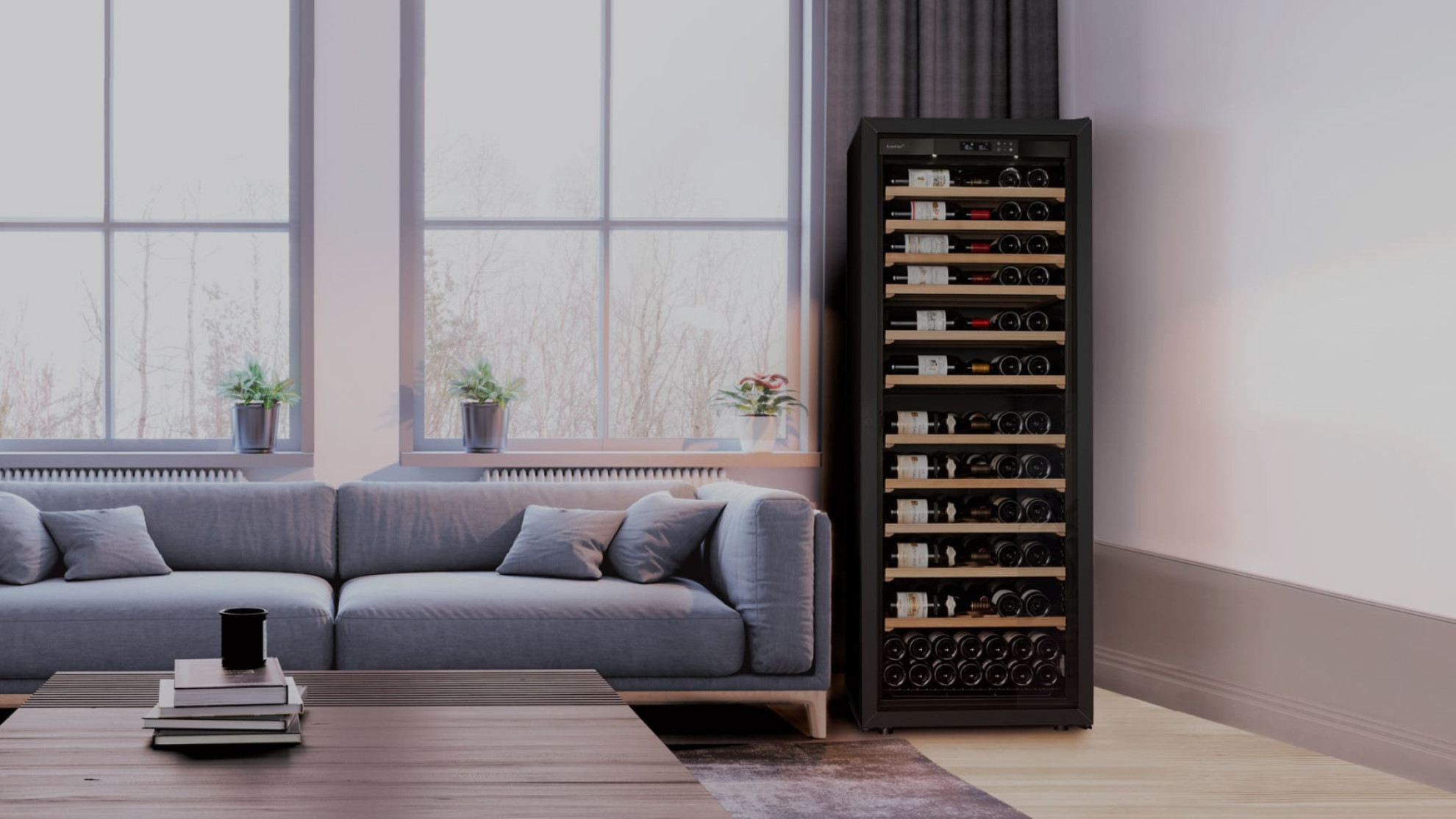 Large size wine cooler equipped with sliding shelves with positioning of the bottle so that the label is visible. - La Première EuroCave