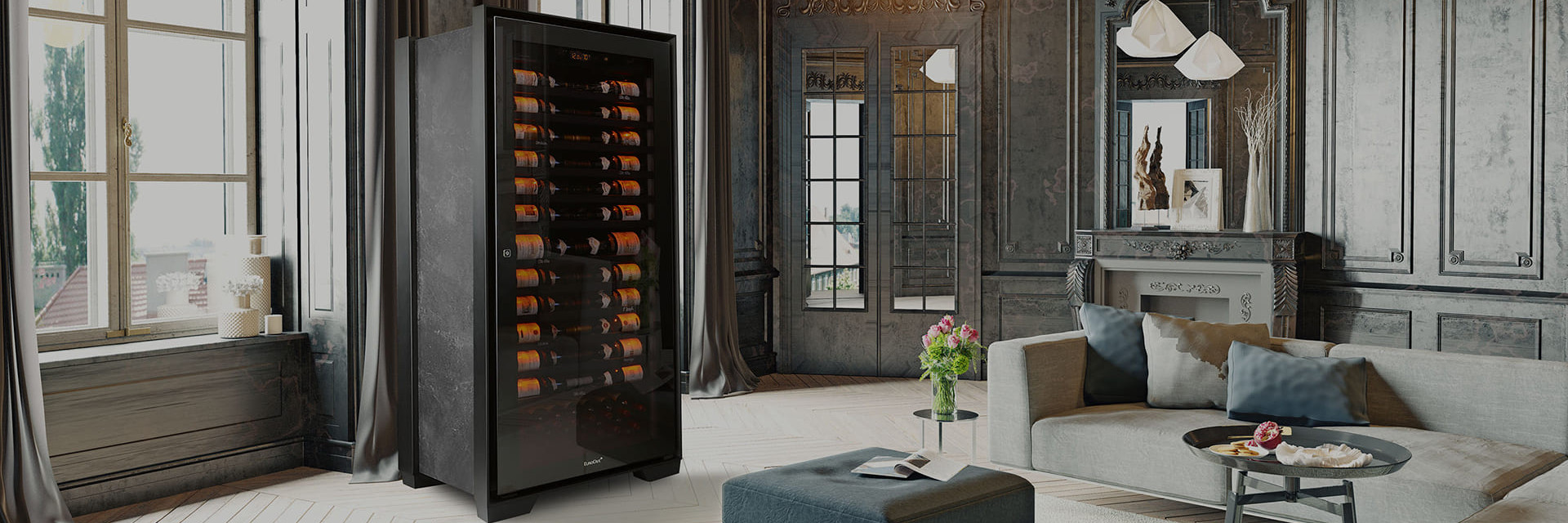 Prestigious aging wine cabinet in French style living room in Paris with marble fireplace - Royale EuroCave