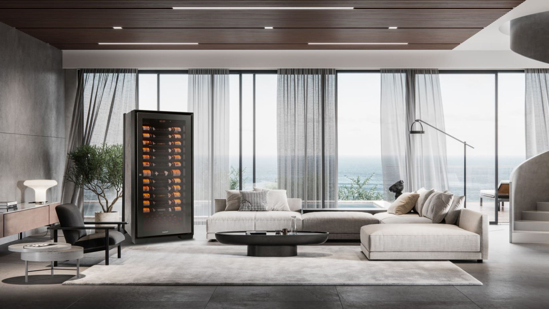 The Royale wine cabinet installed in the exceptional living room of a luxury villa by the sea with an exceptional panorama. - EuroCave