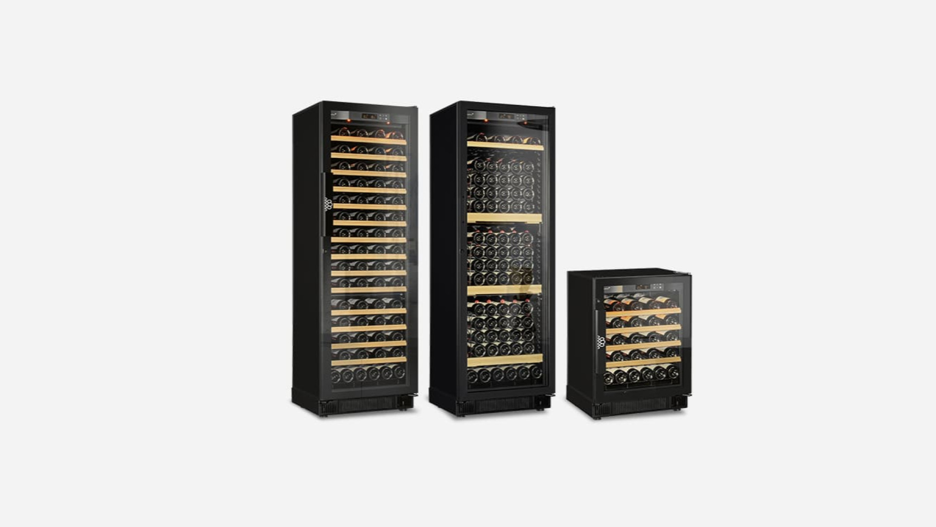 Range of compact built-in wine cabinets, small and large, service cooler or aging cabinet, choice of door: glazed or technical opaque. Compact EuroCave