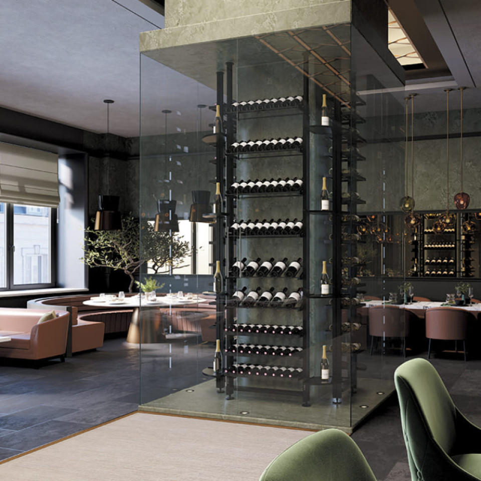 Interior architecture - Design of wine showcases. Example: wine storage installed around a pillar in the center of the room.