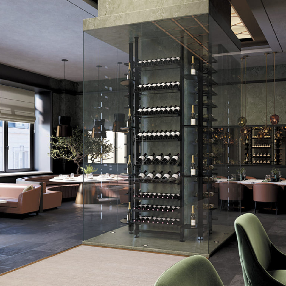 Interior architecture - Design of wine showcases. Example: wine storage installed around a pillar in the center of the room. Interior architecture - Design of wine showcases. Example: wine storage installed around a pillar in the center of the room.