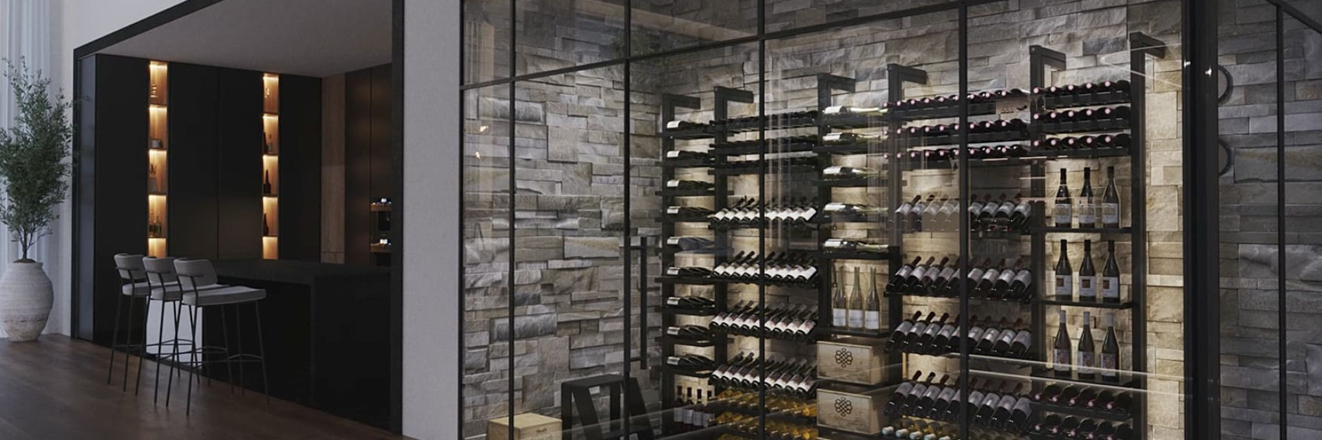 Metallische und robuste Weinlagerung für Keller, Verkostungsbereich mit Glaswänden und Klimaanlage - Der schönste Effekt in Ihrem Interieur. - Modulo-X - eurocave Metallische und robuste Weinlagerung für Keller, Verkostungsbereich mit Glaswänden und Klimaanlage - Der schönste Effekt in Ihrem Interieur. - Modulo-X - eurocave