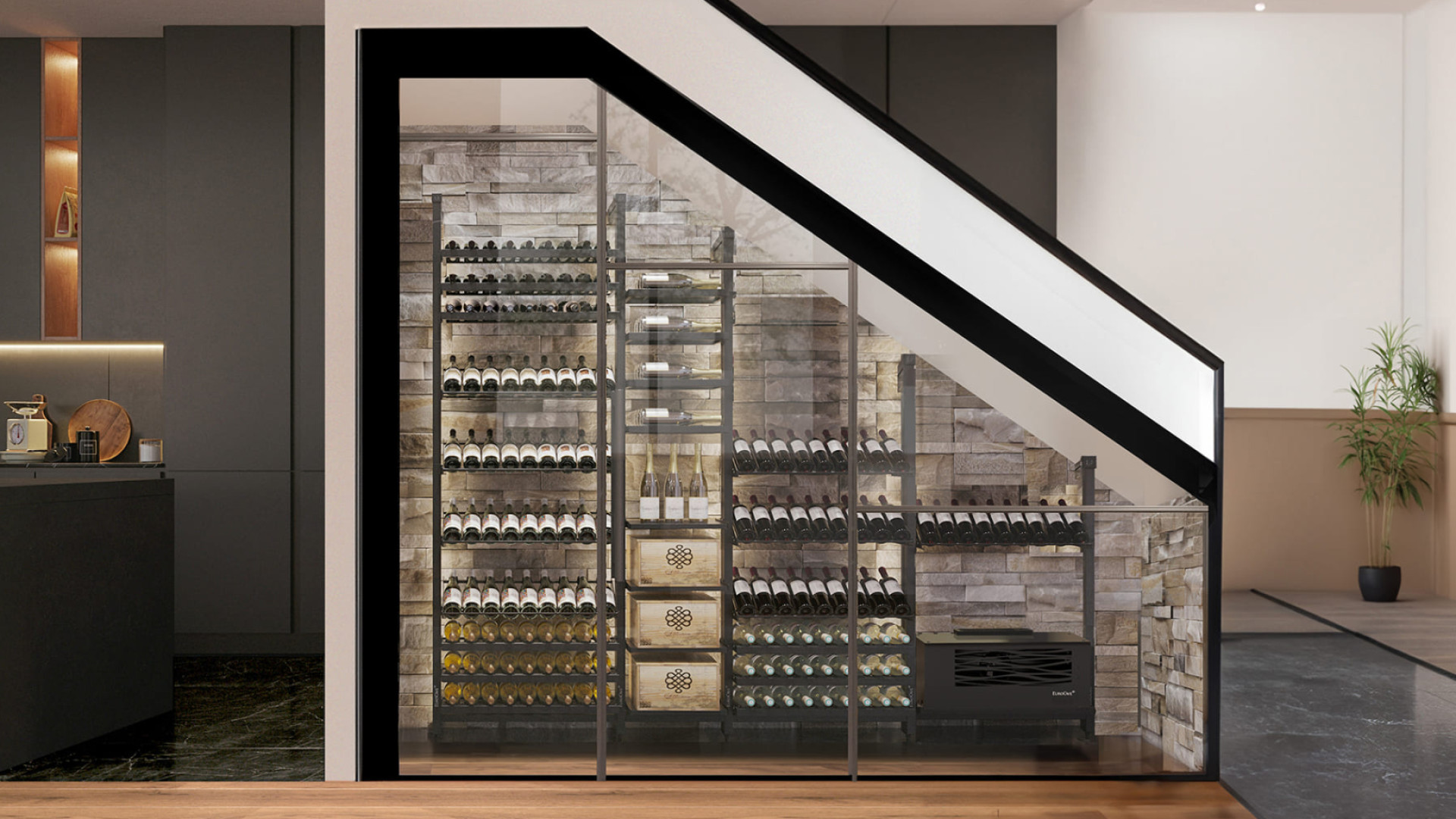 The good idea: create an air-conditioned wine space under the stairs in a custom-made piece of furniture. Space saving and high-end interior decoration.