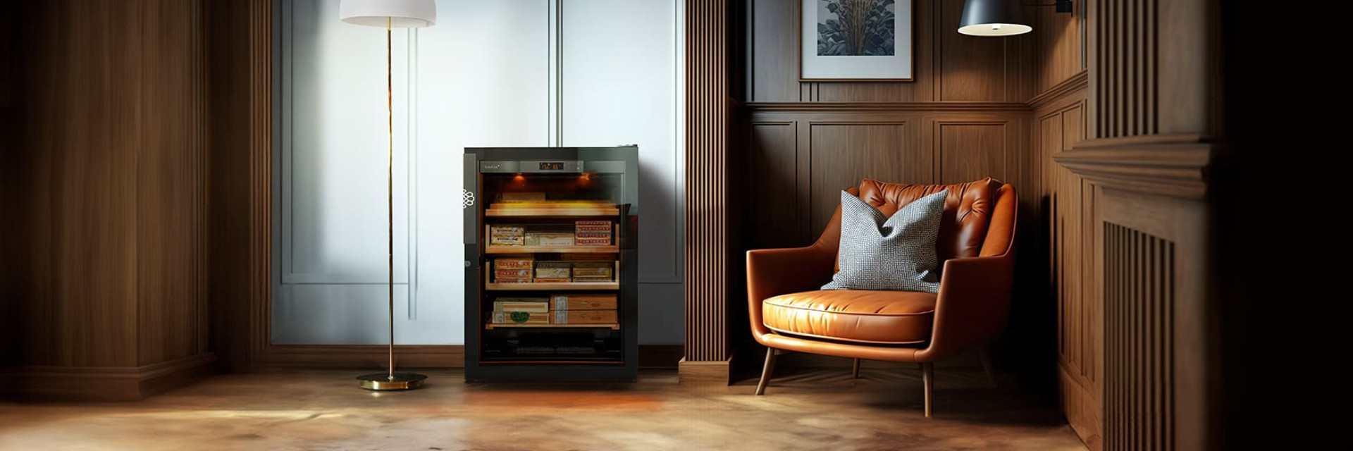 Electric cigar humidor with integrated hygrometer and humidifier to install in a living room or in the cozy, cozy and intimate atmosphere of a boudoir. Club chair.