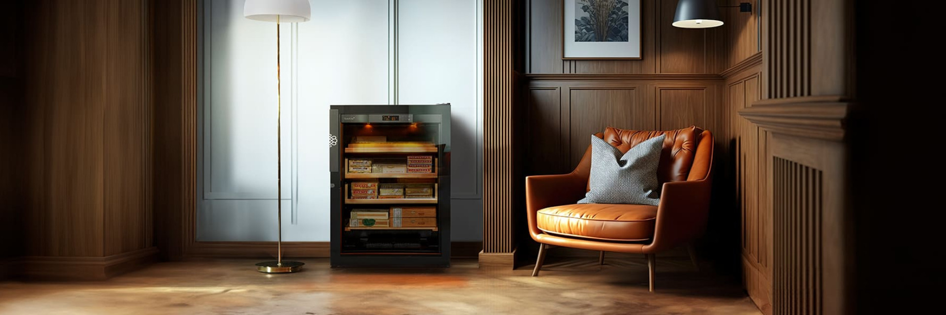 Elektrischer Zigarren-Humidor mit integriertem Hygrometer und Luftbefeuchter zur Installation in einem Wohnzimmer oder in der gemütlichen, gemütlichen und intimen Atmosphäre eines Boudoirs. Clubsessel. Elektrischer Zigarren-Humidor mit integriertem Hygrometer und Luftbefeuchter zur Installation in einem Wohnzimmer oder in der gemütlichen, gemütlichen und intimen Atmosphäre eines Boudoirs. Clubsessel.