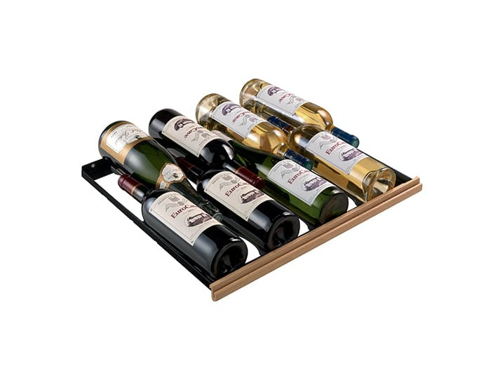 8-bottle sliding shelf with repositionable individual support for storing all shapes and sizes of bottles.