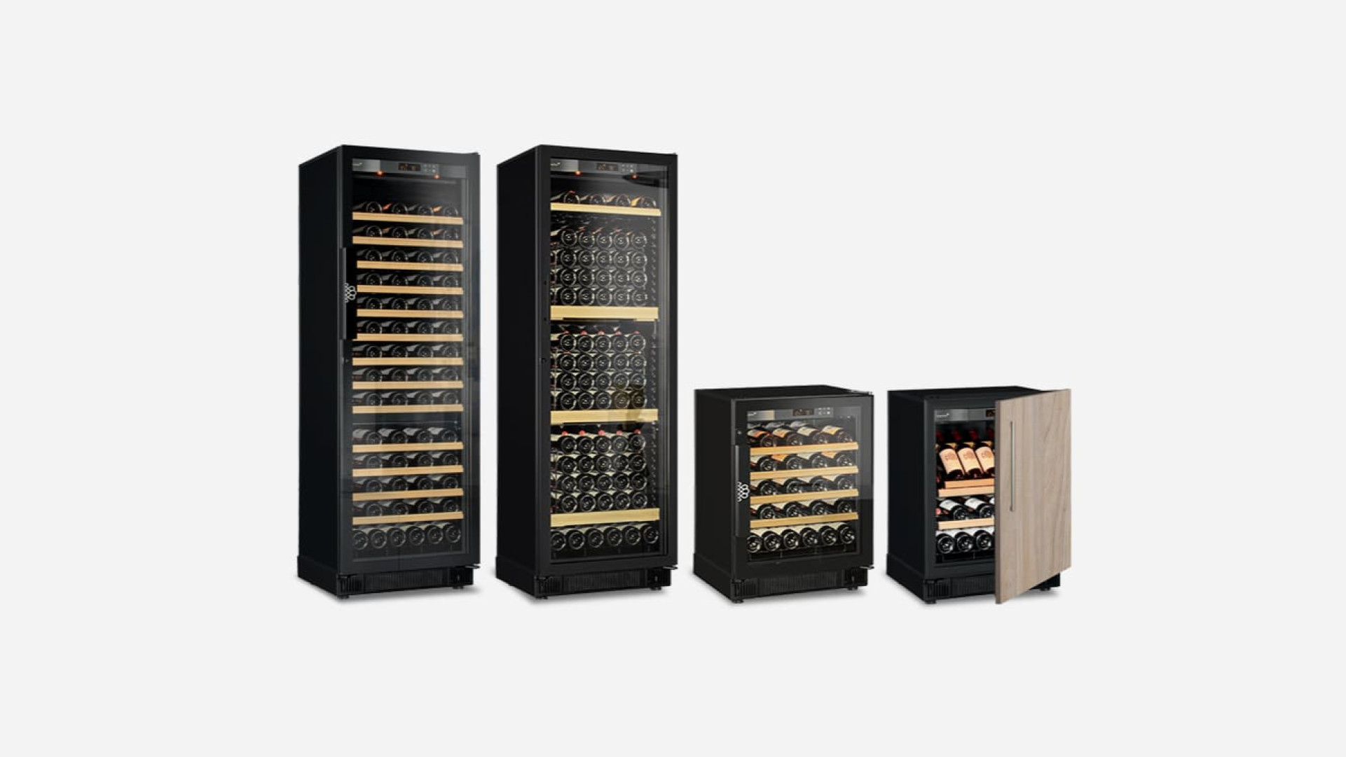 Range of compact built-in wine cabinets, small and large, service cooler or aging cabinet, choice of door: glazed or technical opaque. Compact EuroCave
