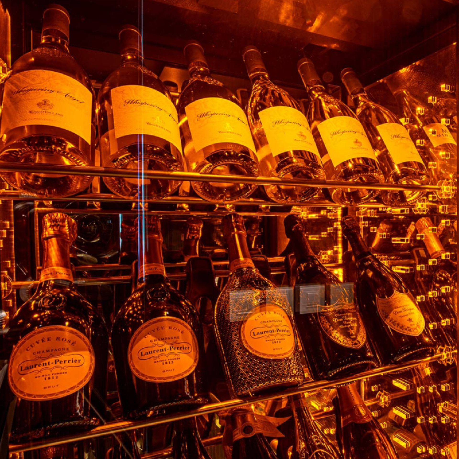 Integrierte Beleuchtung im Weinkühlschrank, gekühlte Glasvitrine oder Weinraumaufteilung. Szenografie und Ausstellungsbar, um die Flaschen hervorzuheben und Ihr Weinangebot zu bewerben.