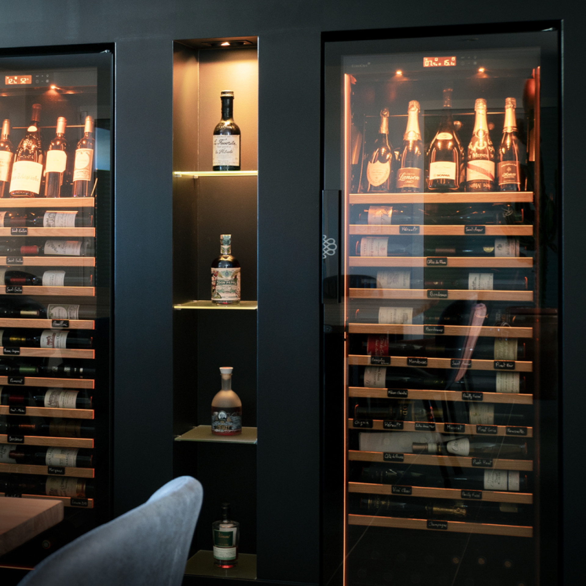 Professional wine coolers with premium options, built into a niche in the wall, with beautiful bottle lighting in the cabinet.