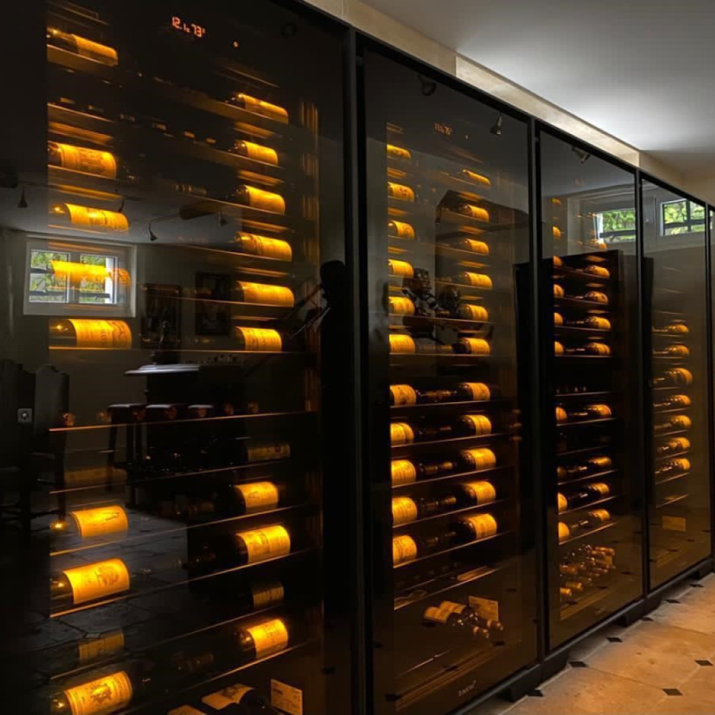 Wall of 1 temperature wine coolers with all options for superb enhancement of vintages. Backlit shelves and light strip, premium services.