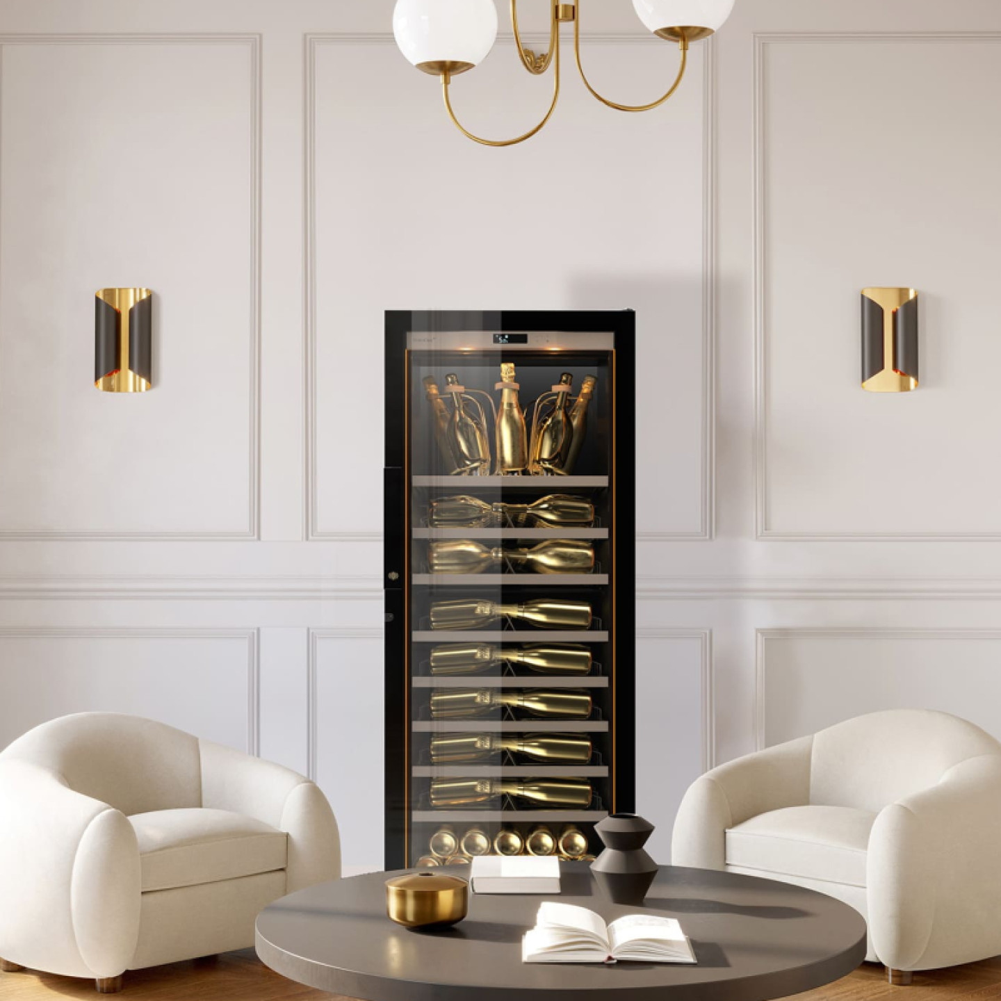 Champagne must be kept at temperature before tasting. Professional 1 temperature cooler with equipment specially designed to accommodate all shapes of champagne bottles up to magnums.