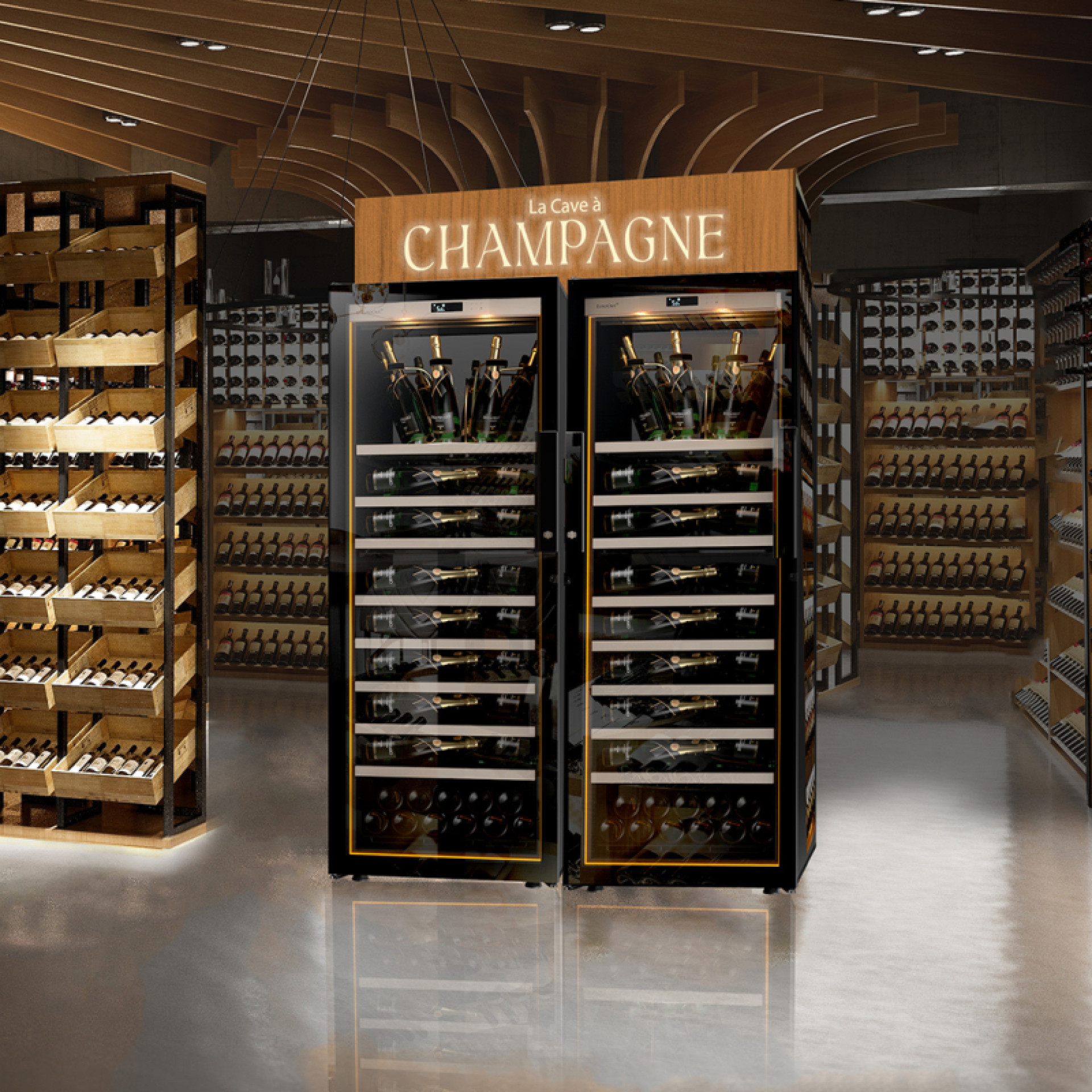 Champagne, a luxury drink, needs a display case or bar to be presented sublimated to your customers. Sliding and presentation shelves designed down to the smallest detail of the leather covering.