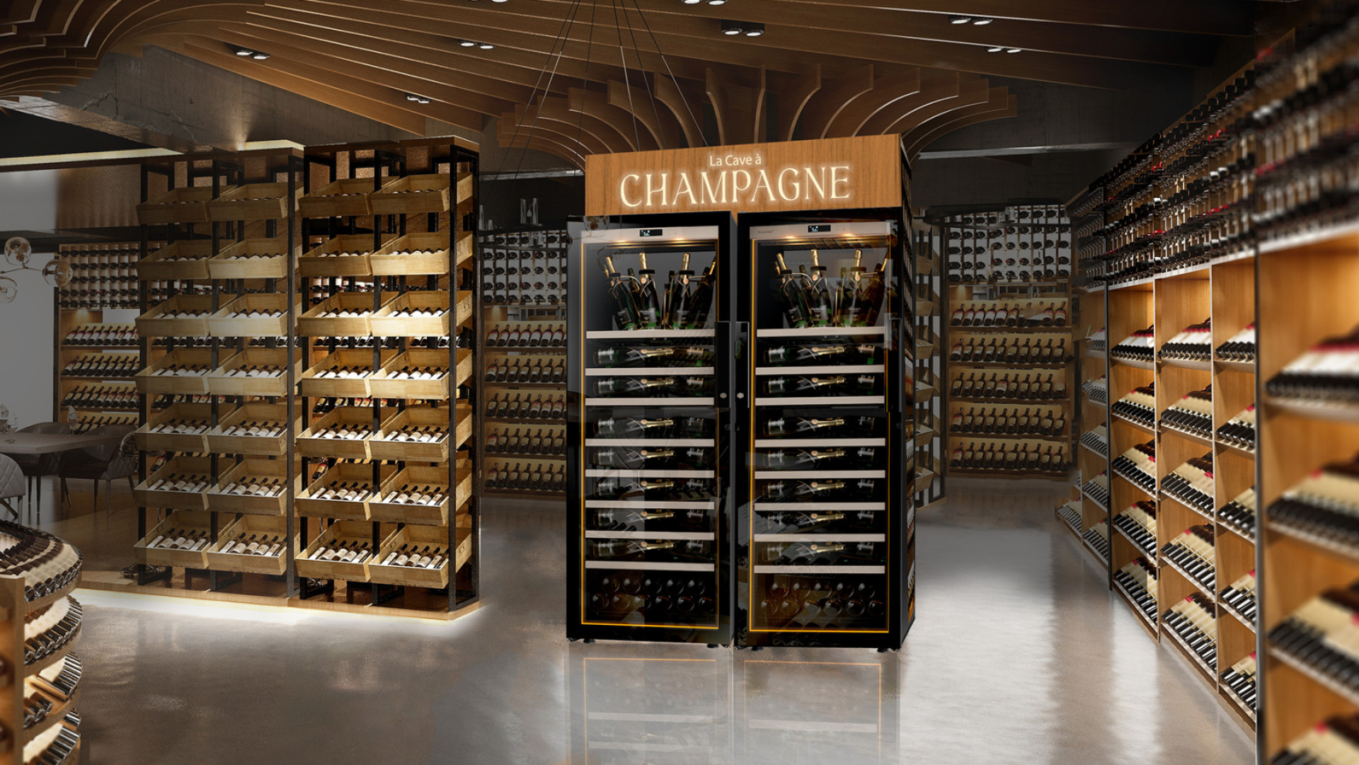 Attract more customers to the store and increase your sales with an attractive refrigerated wine display. Here is a wine cooler corner specially dedicated to the presentation of champagnes and bringing them to tasting temperature.