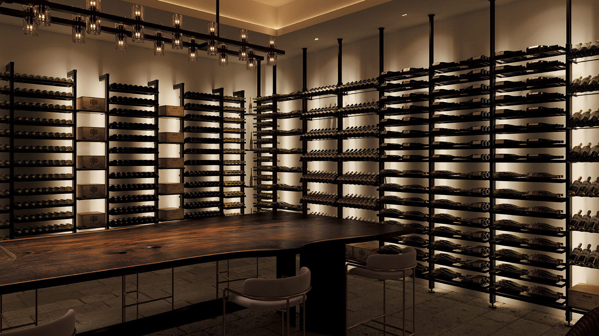 Organize a tasting area with designer shelving modules and professional wine racks which will create an atmosphere conducive to oenological discovery. A paradise for sommeliers and wine lovers.