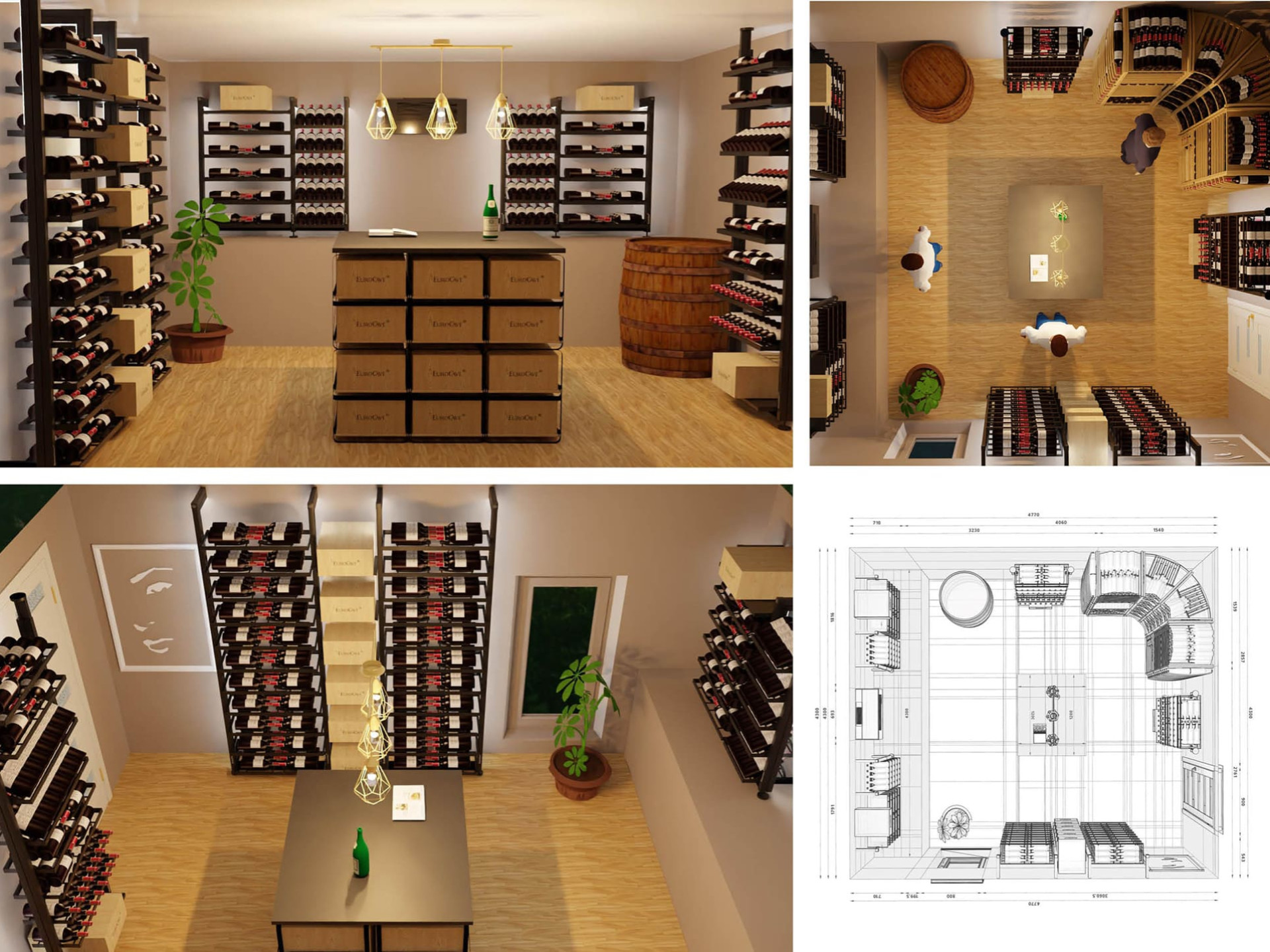 Conception 3d avec rendu réaliste d'un projet de cave à vin personnalisée et configuration des options du mobilier rangement vin. Décoration cave.