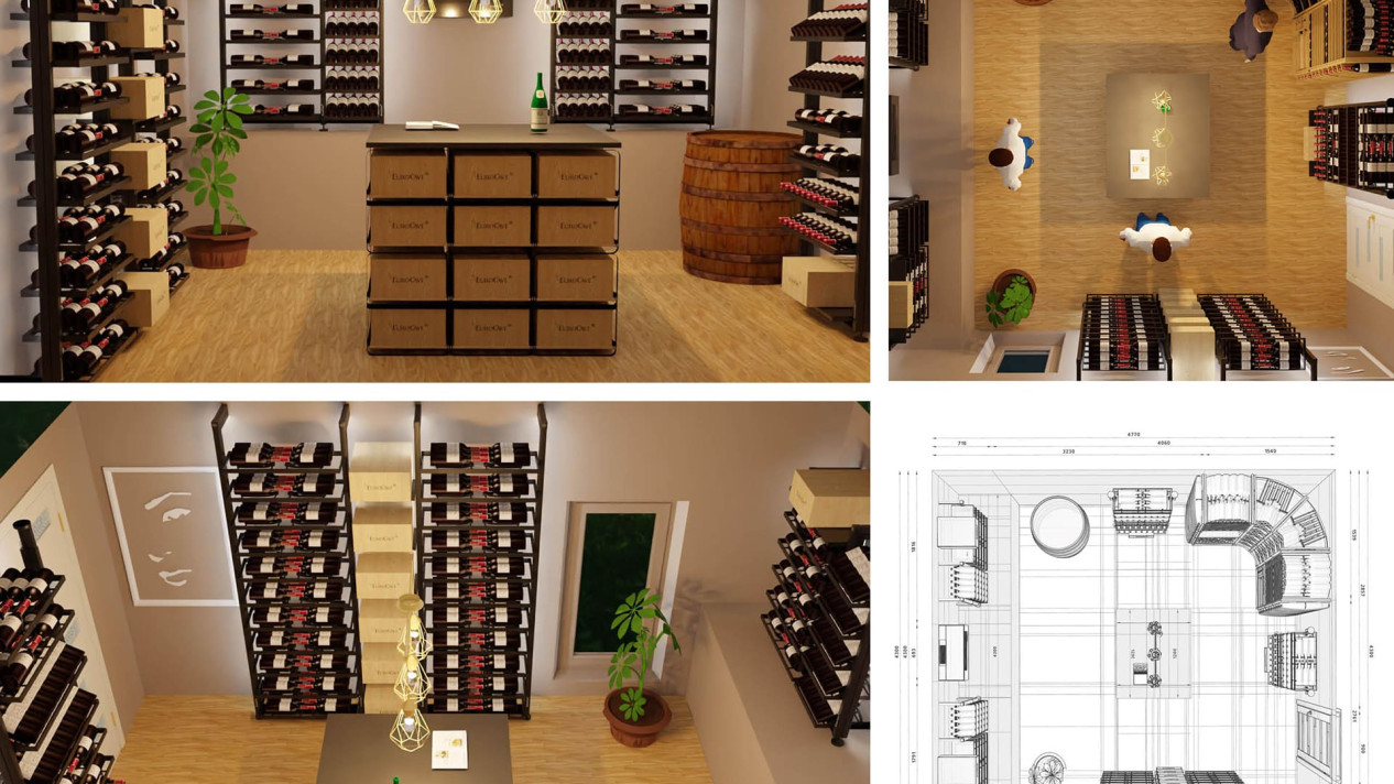 3D design with realistic rendering of a tailor-made wine cellar project and configuration of wine storage unit options. Cellar design. 3D design with realistic rendering of a tailor-made wine cellar project and configuration of wine storage unit options. Cellar design.
