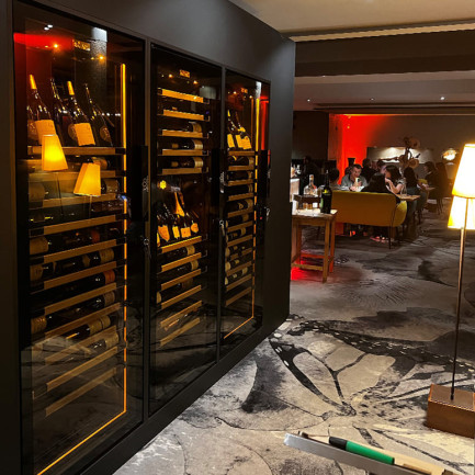 Creation of a wine wall with 3 built-in wine fridges, glass door and integrated lighting, to highlight the wine offer - Restaurant decoration - EuroCave Annecy project - Revelation range Creation of a wine wall with 3 built-in wine fridges, glass door and integrated lighting, to highlight the wine offer - Restaurant decoration - EuroCave Annecy project - Revelation range