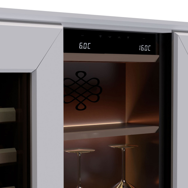 Cave à vin Harmonie – niche brun fumé laqué combiné à l'habillage du meuble blanc laqué mat Cave à vin Harmonie – niche brun fumé laqué combiné à l'habillage du meuble blanc laqué mat