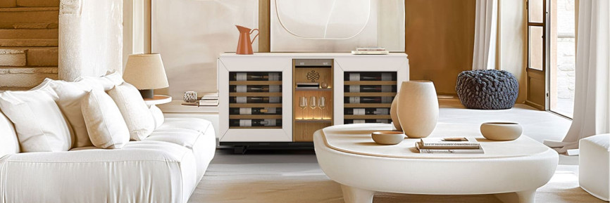 Weinbuffetschrank mit 2 integrierten gekühlten Weinkellerfächern, damit der Wein mit Trinktemperatur immer griffbereit ist.