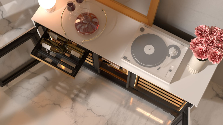 Das Interieur mit einer Konsole, einem niedrigen Sideboard oder einem Sideboard mit integrierter Weinkühler zu gestalten, ist eine großartige Deko-Idee – stilvoll und praktisch für Weinliebhaber. Das Interieur mit einer Konsole, einem niedrigen Sideboard oder einem Sideboard mit integrierter Weinkühler zu gestalten, ist eine großartige Deko-Idee – stilvoll und praktisch für Weinliebhaber.