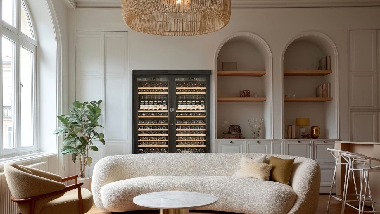 Double design aging wine cabinet in the living room which fits perfectly into the interior decoration with its fully glazed door. - EuroCave Pure Double design aging wine cabinet in the living room which fits perfectly into the interior decoration with its fully glazed door. - EuroCave Pure
