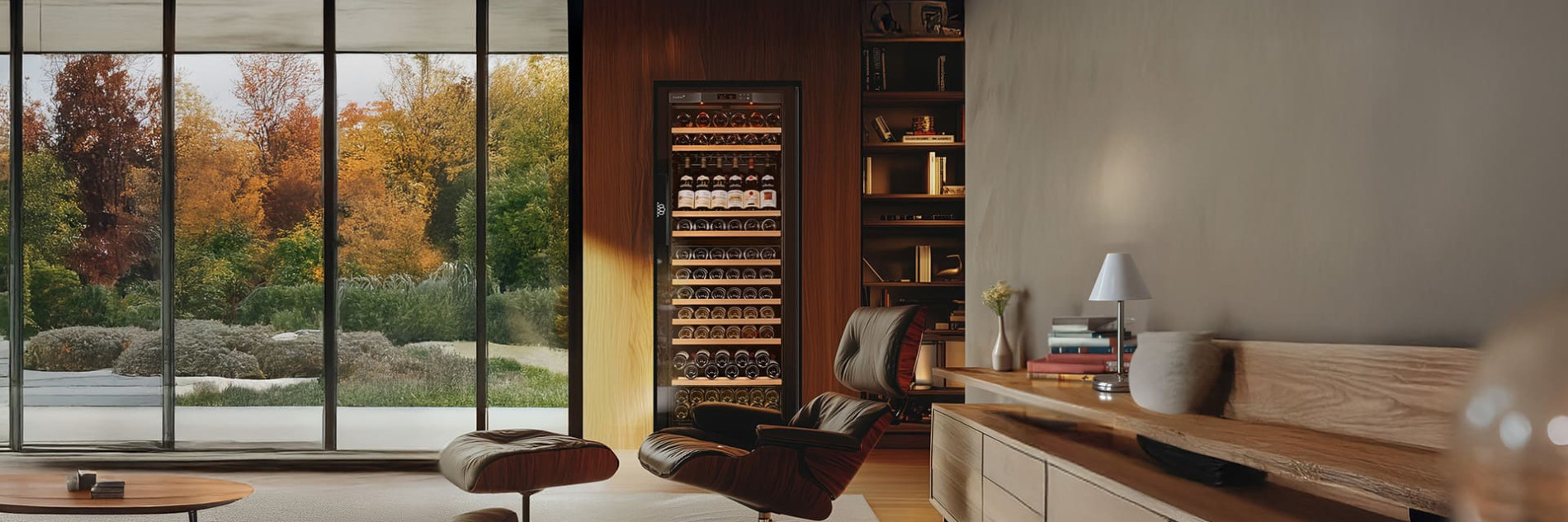 Einbau Weinkühlschrank im Wohnzimmer für eine große Kapazität an Flaschen, die auf Serviertemperatur gehalten werden. - Pure-Reihe Einbau Weinkühlschrank im Wohnzimmer für eine große Kapazität an Flaschen, die auf Serviertemperatur gehalten werden. - Pure-Reihe