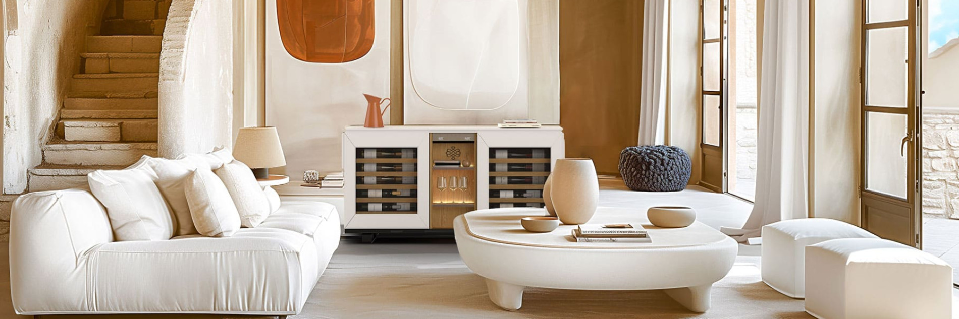 Wine furniture - Harmonie wine cooler with two temperature compartments in a bohemian chic living room.