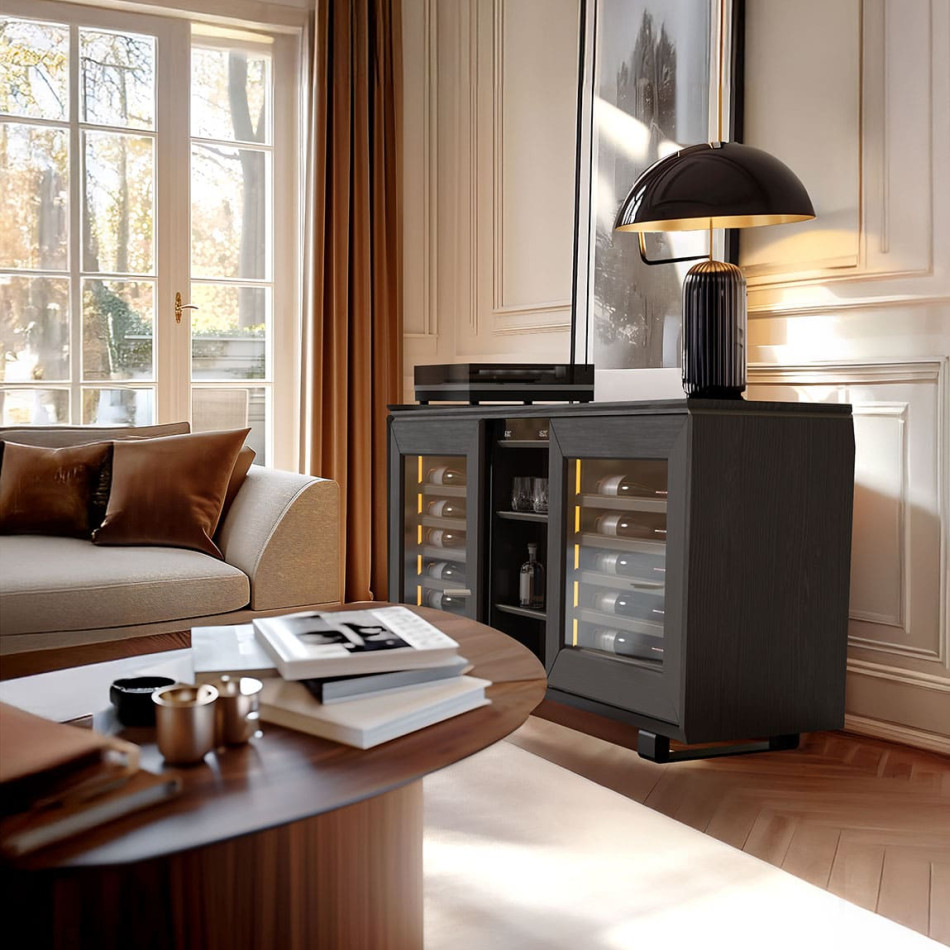 Meuble à vin Harmonie - Buffet brun fumé avec 2 compartiments réfrigérés pour la mise à température de dégustation du vin